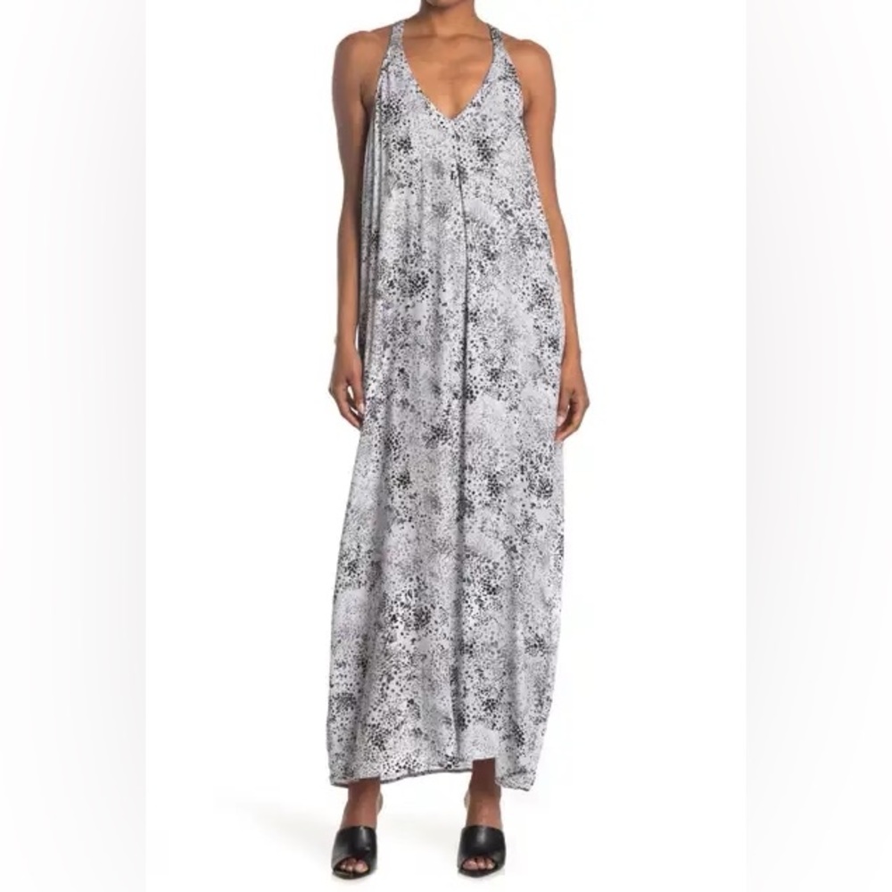 LOVESTITCH NWOT V-Neck Racerback Maxi Dress Light Grey Black Boho Pockets L